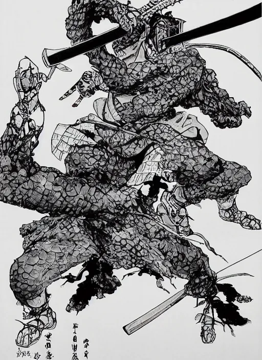 Prompt: a monstrous fungus samurai swinging a large nodachi, by takehiko inoue, masterpiece ink illustration