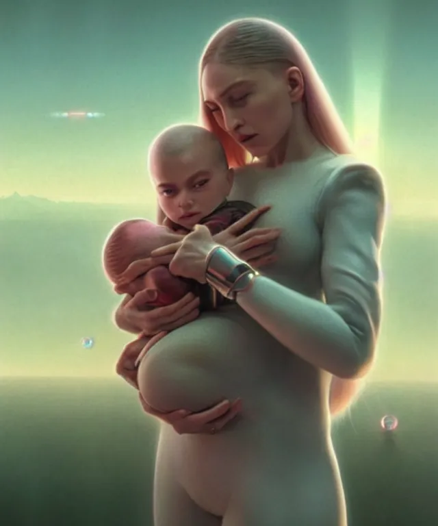 Prompt: realistic detailed photo of futuristic cyborg-madonna holding a newborn baby child in hands by Raphael Santi , artwork by Tooth Wu and wlop and beeple, greg rutkowski. still from a 2021 movie by Terrence Malick, Tarkovsky, Gaspar Noe, James Cameron,