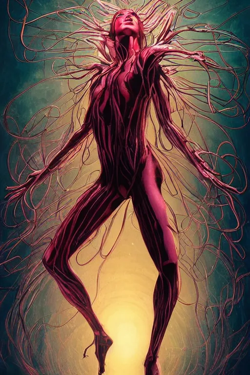 Prompt: xmen comic art,Sprial an epic goddess with 6 arms dancing in the air,beautiful and terrifying,melting,full character design,8k,by Stanley Artgermm,Tom Bagshaw,Geoff Darrow,Carne Griffiths,Ron English,Linsey Levendall,trending on DeviantArt,face enhance,hyper detailed,minimalist,horror,full of colour,cinematic,dynamic lighting