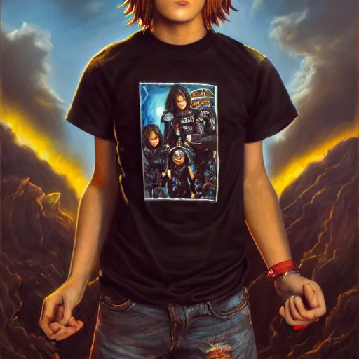 Image similar to portrait of modern teenage boy in a metallica t - shirt painting warhammer 4 0 k figurines, depth of field, zeiss lens, detailed, centered, fashion photoshoot, by nicoletta ceccoli, mark ryden, lostfish, breathtaking, 8 k resolution, extremely detailed, beautiful, establishing shot, artistic, hyperrealistic, octane render