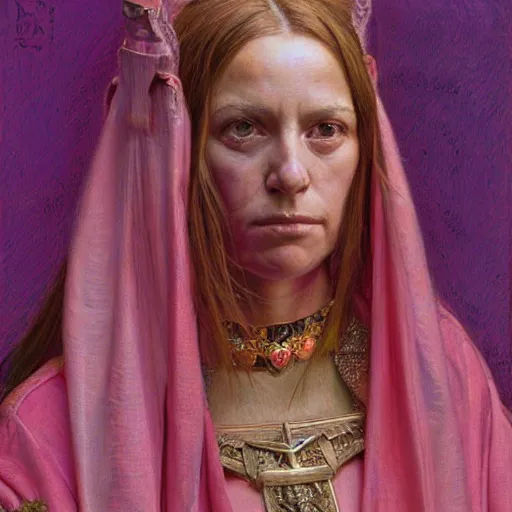 Image similar to frontal portrait of a priestess, wearing pink, by donato giancola.