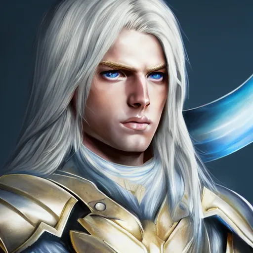 Image similar to Male Angelic being with long blonde hair and blue eyes with white and gold armor, ultra detailed, artstation, 8k, photorealistic, digital art.
