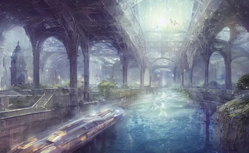 Image similar to An urban train rides inside of a waterway on a fantasy city, next to a fountain and a mystical palace. By William-Adolphe Bouguerea, Jordan grimmer, fractal flame. Highly_detailded