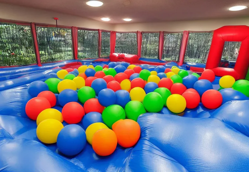 Prompt: A bouncy house with a ball pit and a black trampoline inside a big empty room with light coming through windows