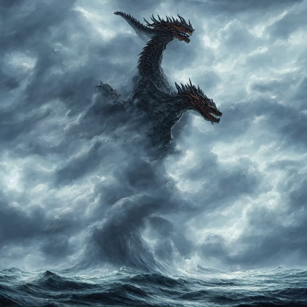 Image similar to a fantasy book style portrait of a giant dragon, stormy sea, giant waves, lightning, small boat, oil painting, 4 k