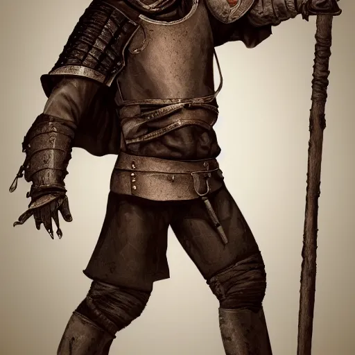 Image similar to realistic portrait, 30 year old man, dark taint :: athletic, medieval leather armour, brown cloth clothes, wooden staff :: high detail, digital art, RPG, concept art, illustration