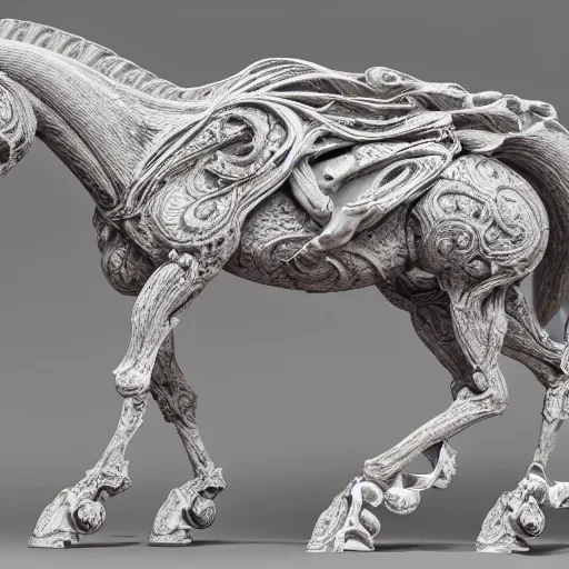 Image similar to biomechanical horse made of marble and crystal, fractal 3 d structure, intricate details, octane render, soft lighting