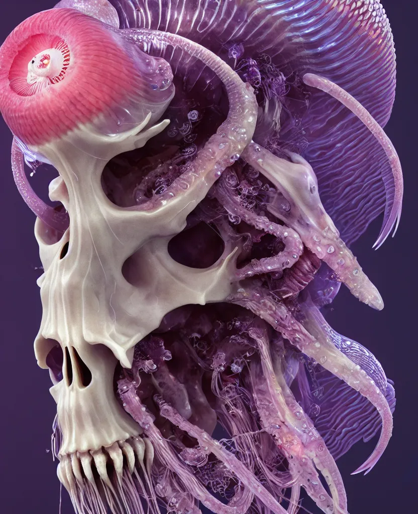 Image similar to goddess close-up portrait ram skull. jellyfish phoenix head, nautilus, orchid, skull, betta fish, bioluminiscent creatures, intricate artwork by Tooth Wu and wlop and beeple. octane render, trending on artstation, greg rutkowski very coherent symmetrical artwork. cinematic, hyper realism, high detail, octane render, 8k