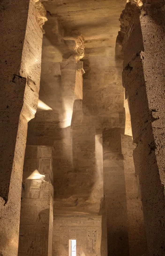 Image similar to punisher symbol is giant entrance into ancient egyptian temple with luminous smoke and light rays.