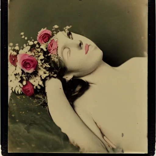 Image similar to portrait of a beautiful woman corpse covered in flowers, 1910 polaroid photography,