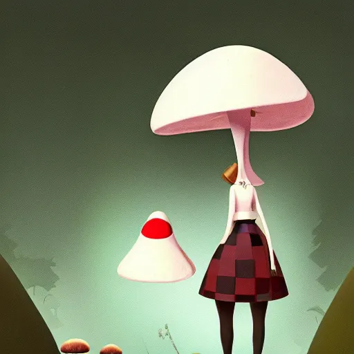 Prompt: goro fujita ilustration brunette girl in a checkered suit, picking mushrooms in the forest, painting by goro fujita, sharp focus, highly detailed, artstation