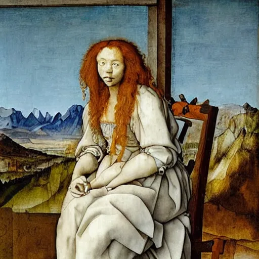 Image similar to A beautiful sculpture of a woman with long curly hair, wearing a white dress and sitting in a chair in front of a window with a view of a mountainside. neo-expressionism by Albrecht Dürer artificial