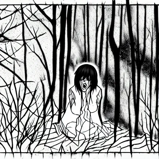 Image similar to in the style of sui ishida, transparent ghost screaming, in the woods, moody lighting