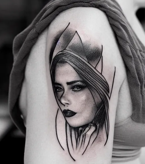 Image similar to tattoo design sketch of a beautiful woman face with a faded background of beautiful mountains and nature on her side, hyper - realistic, in the style of den yakovlev, amazing detail, black and white