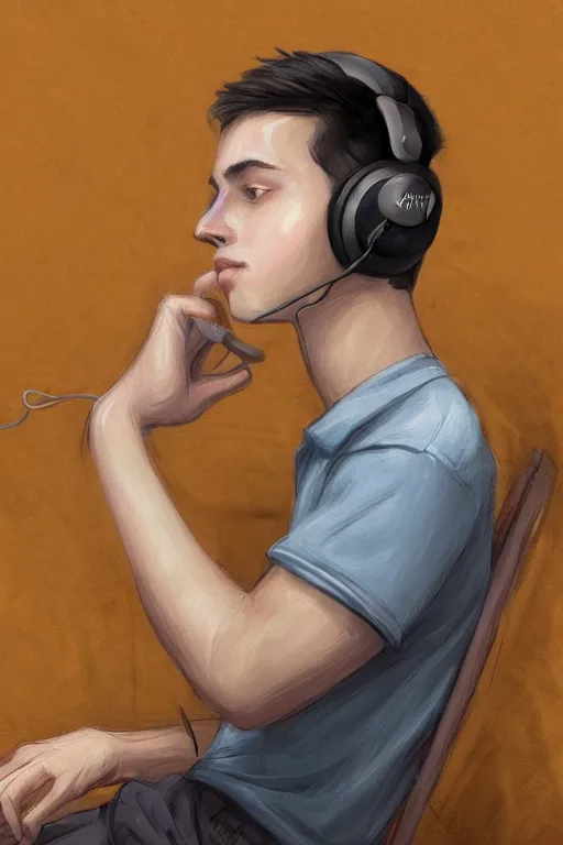 Image similar to a boy with headphones in a cafe, digital art, digital painting, masterpiece, concept art, trending on deviantart, highly detailed, high quality, anatomically correct, five fingers, cinematic, high coherence, soft lighting, soft colors, beautiful, elegant, short black hair, 4 k, symmetrical, realistic and detailed face, cartoon