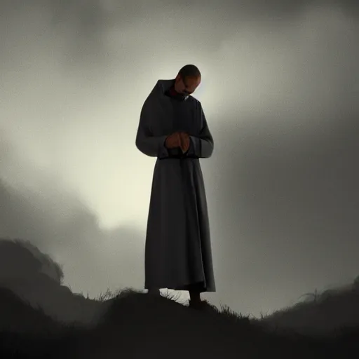 Image similar to Close up of a thin and stern catholic priest in his thirties fervently praying as he is about to die from the ominous yellow shadow descending upon him from the night sky. Low angle, dramatic lighting. Award-winning digital art, trending on ArtStation