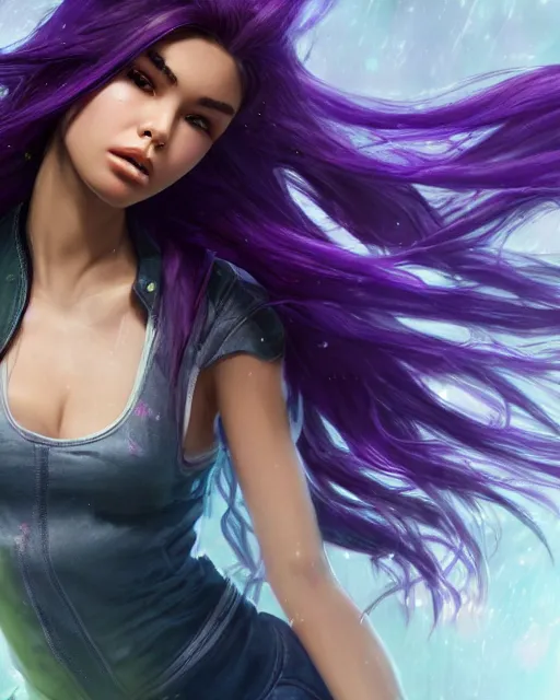 Image similar to madison beer with purple - hair sweaty flowing hair, by marvel trading card, greg rutkowski, wlop, unreal engine, 4 k, hdr