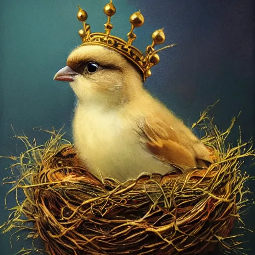 Image similar to soulful long shot of a cute fluffy furry sparrow chick nesting in a golden floral metal crown, by esao andrews, by m. w. kaluta, volumetric light, rich colors, very humorous oil painting, realistic reflections, smooth, concept art, depth perception, high depth of field, 4 k, unreal engine 5, ultradetailed, hyperrealistic, trending on artstation