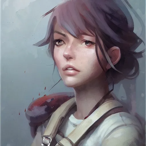 Prompt: portrait, attractive Female adventurer, soft eyes and narrow chin, dainty figure, single strap paint covered overalls, short shorts, combat boots, raining, basic white background, style of by Jordan Grimmer and greg rutkowski, crisp lines and color,