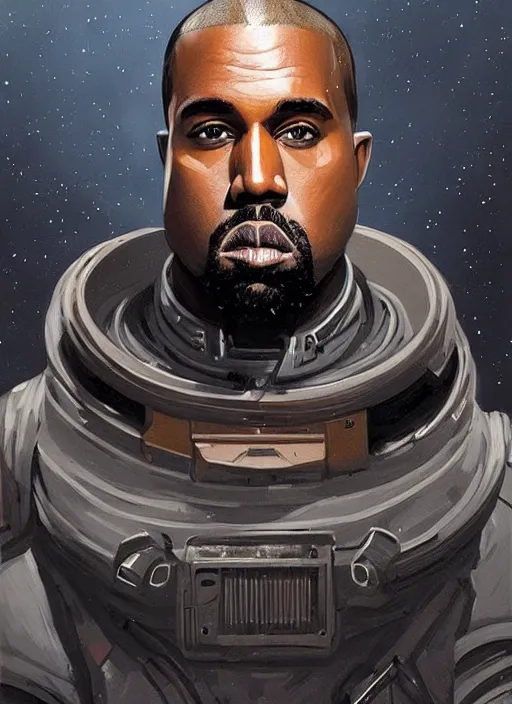 Image similar to pinted portrait of kanye west as a dieselpunk astronaut by greg rutkowski, he is about 3 0 years old, short blond hair, athletic and strong, straight jaw, wearing futuristic space gear, highly detailed portrait, digital painting, artstation, concept art, smooth, sharp foccus ilustration, artstation hq.