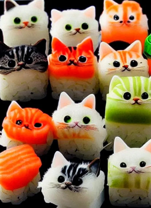 Image similar to clear photorealistic picture of adorable cats made out of sushi