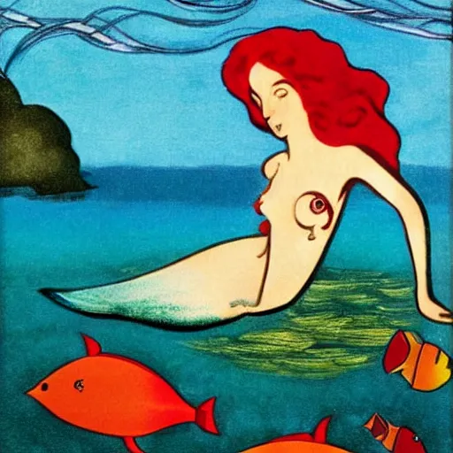 Image similar to A beautiful conceptual art of a mermaid swimming in the ocean. Her long, flowing hair streams behind her as she gracefully navigates the water. A coral reef and colorful fish can be seen in the background. Archean by Leonetto Cappiello