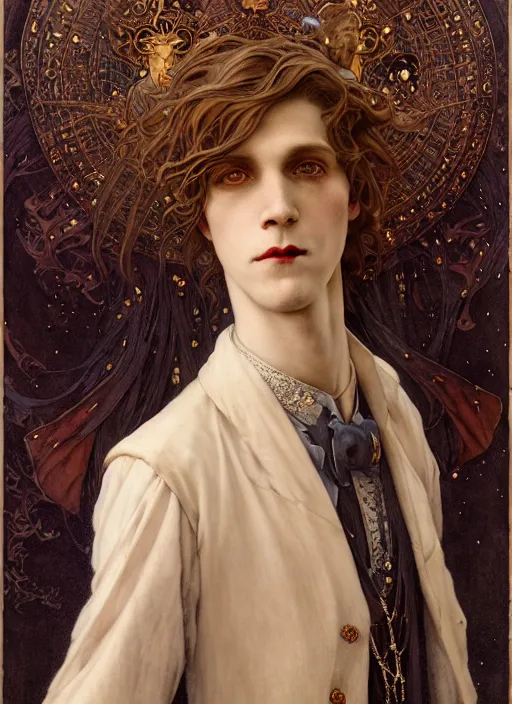 Image similar to edmund dulac, leyendecker, highly detailed portrait, a beautiful androgynous eric nally, long hair, tall and thin, wearing several pendants, art nouveau, stephen bliss, unreal engine, by greg rutkowski, loish, ferdinand knab, ilya kuvshinov, rossdraws, tom bagshaw, alphonse mucha, global illumination, radiant light