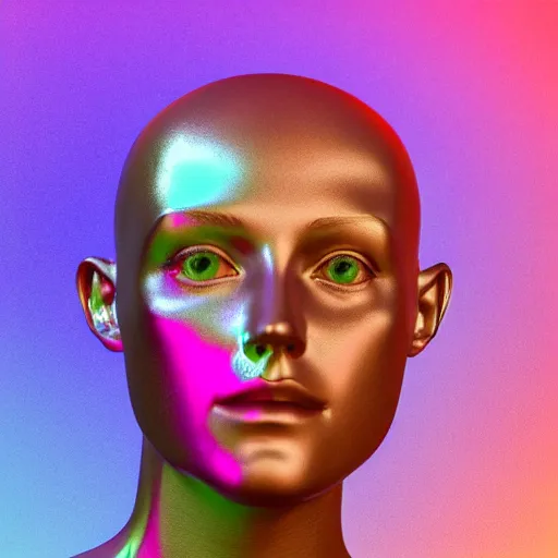 Image similar to 3d render of holographic human robotic head made of glossy iridescent, surrealistic 3d illustration of a human face non-binary, non binary model, 3d model human, cryengine, made of holographic texture, holographic material, holographic rainbow, concept of cyborg and artificial intelligence