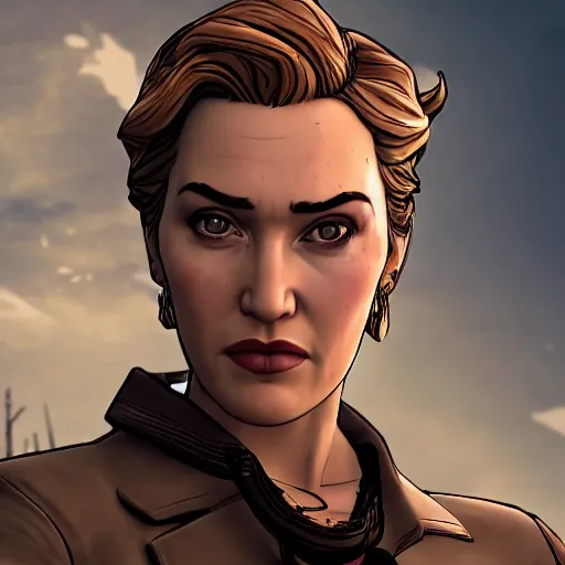 Image similar to kate winslet portrait, borderlands, tales from the borderlands, the wolf among us, comic, cinematic lighting, studio quality, 8 k