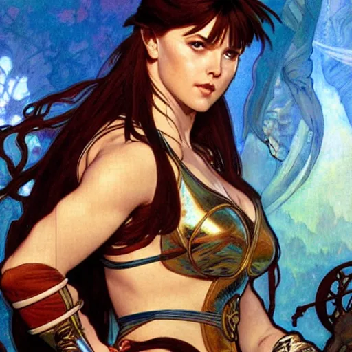 Image similar to xena warrior princess eating at a restaurant art by artgerm and greg rutkowski and alphonse mucha w 7 6 8