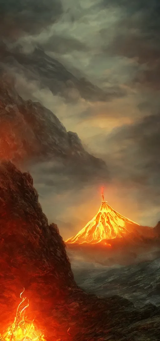 Prompt: Frodo throwing the ring of power into the fires of Mount Doom, dynamic lighting, cinematic, establishing shot, extremly high detail, foto realistic, cinematic lighting, post processed, concept art, artstation, matte painting, style by ghibli, myazaki