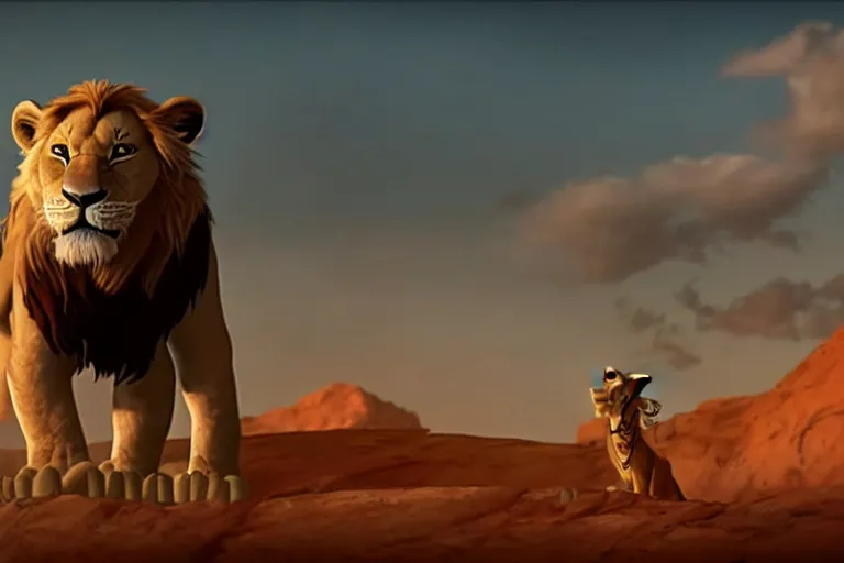 Image similar to simba ( from the lion king ), heavily armed and armored facing down armageddon in a dark and gritty version from the makers of mad max : fury road : witness me