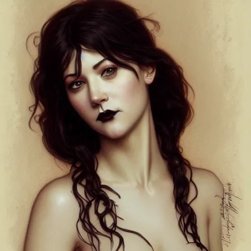 Prompt: portrait of a sexy goth tattooed mary elizabeth winstead, intricate, elegant, highly detailed, digital painting, artstation, concept art, smooth, sharp focus, illustration, art by artgerm and greg rutkowski and alphonse mucha and william - adolphe bouguereau