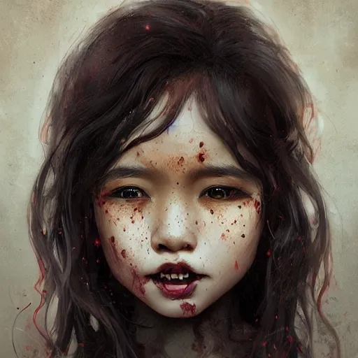 Image similar to a brown skinned asian vampire girl, child, freckles, evil smile, fangs, messy curly hair, embers intricate and very beautiful and elegant, highly detailed, digital painting, artstation, concept art, smooth and sharp focus, cg by tian zi and wlop
