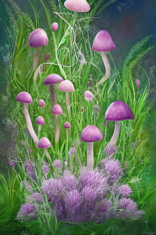 Image similar to beautiful digital matter cinematic painting of whimsical botanical illustration of thistles and lilies mushrooms thicket, whimsical scene bygreg rutkowki artstation