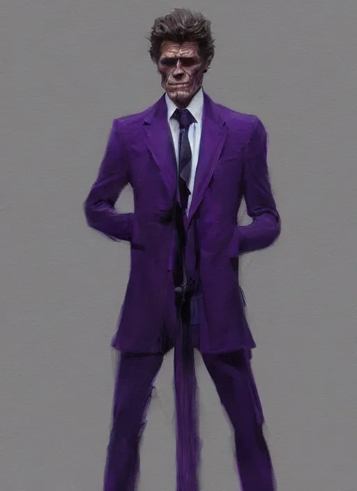 Prompt: willem dafoe wearing a dark purple suit, elegant, digital painting, concept art, smooth, sharp focus, illustration, by ruan jia and mandy jurgens and artgerm and william - adolphe bouguerea