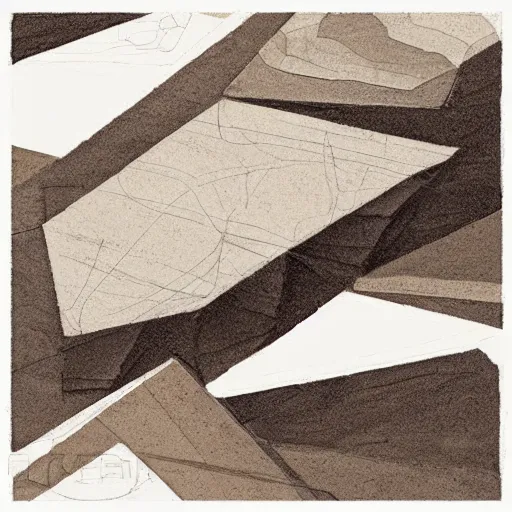 Image similar to masterpiece sketchy abstract intricate painting of detailed highly layered flat rocky material along a planer surface of rectangular shapes. highly geometric with visible thin pencil rough sketch lines slanting down. isometric angles. beautiful use of light and shadow to create a sense of a stony landscape. using architectural brushwork and a rich earthy color palette, providing a mathematical rough sketchy look.