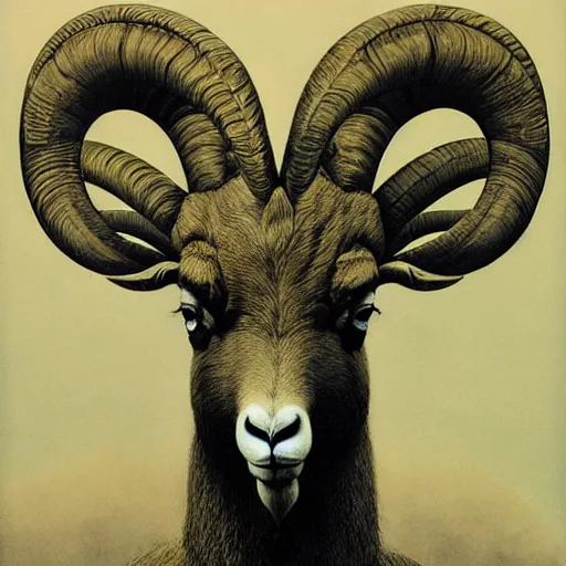 Image similar to Angry Yellow Bighorn Sheep portrait, dark fantasy, blue, artstation painted by Zdzisław Beksiński and Wayne Barlowe