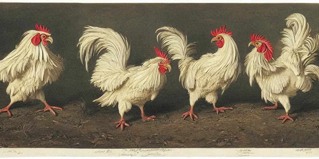 Prompt: illustration of shaved white and shaved yellow fighting roosters, by karl wilhelm de hamilton, detailed, realism