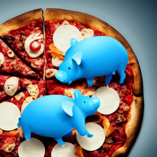 Image similar to blue pigs eating pizza on a cloud, soft lighting, intricate, high detail, 8 k