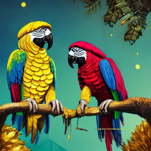 Image similar to parrots wearing golden rings and necklaces, with rap cap on head, rapping and sitting on golden trees, rap scene, cyberpunk concept art, trending on artstation, highly detailed, digital art, 8 k