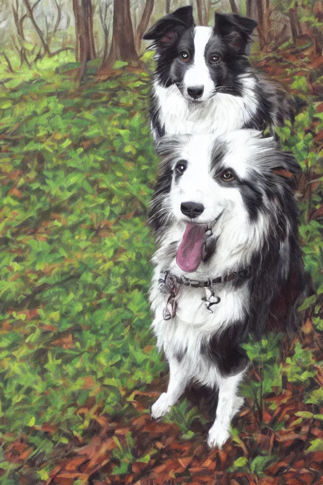 Image similar to painting of a cute merle border collie in the beautiful forest