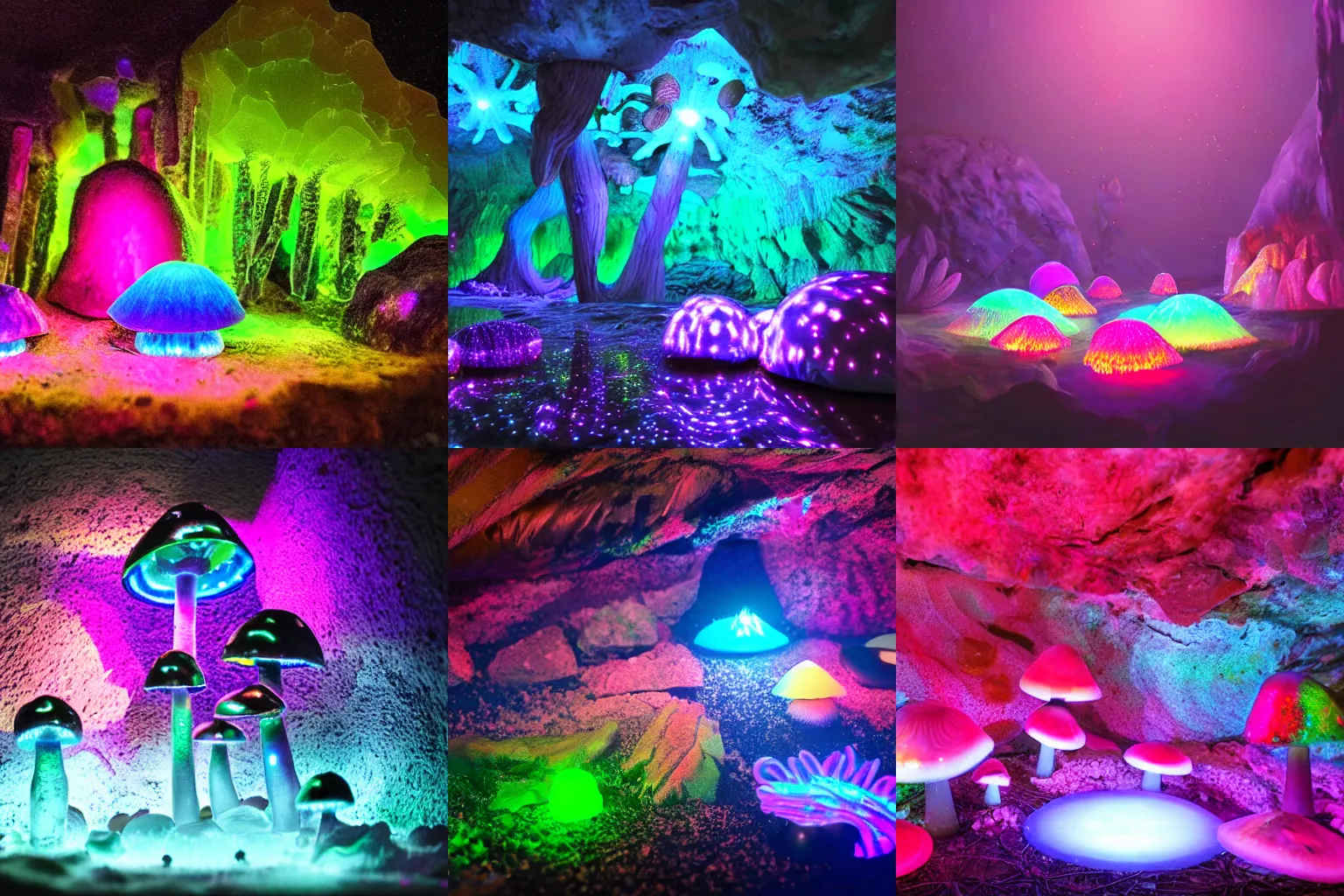 Prompt: dark cave, iridescent mushrooms, glowing crystals, neon, hyperrealistic