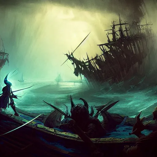 Image similar to D&D fantasy combat fighting blue specters on a shipwreck, intricate, elegant, highly detailed, D&D, digital painting, artstation, concept art, matte painting, sharp focus, illustration, extremely moody lighting, glowing light and shadow, atmospheric, shadowy, cinematic, in the style of Greg Rutkowski and artemisia gentileschi and Alphonse Mucha