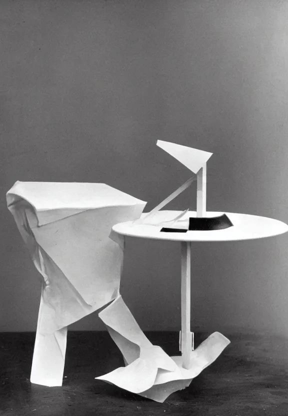 Image similar to a white object with writing on it sitting on a table, a surrealist sculpture by marcel duchamp, archival pigment print, 1 9 1 4, conceptual art, artwork, academic art, surrealist