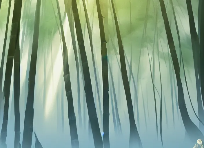 Image similar to deep in a misty japanese bamboo forest, small river, mountain background, sunny, cartoony, 9 0 s anime style, sun rays, soft, moody lighting, by hayao miyazaki, ghibli studio, makoto shinkai, toei animation, studio trigger, trending on artstation, 4 k, hd