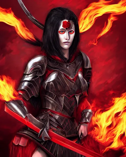 Image similar to digital art of a female warrior with black hair and red eyes, wearing red armor, holding a flaming sword