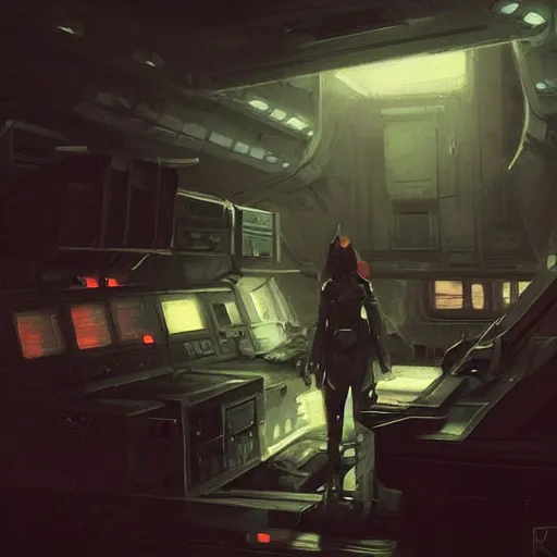 Prompt: concept art by greg rutkowski, the ship's flight deck, brutalist futuristic interior, dark lighting atmosphere, detailed portraits, nostalgic atmosphere, scifi, digital painting, artstation, concept art, smooth, sharp foccus ilustration, artstation hq