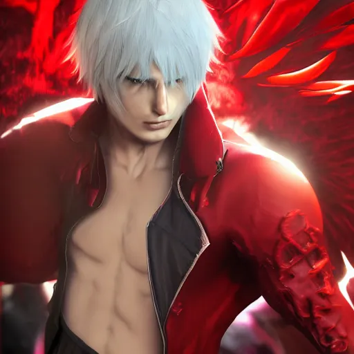 Prompt: demon hero ,Dante from Devil May Cry face,boxing gloves,worn pants ,ArtStation, studio trigger anime,studio trigger style,studio trigger art,CGSociety,full length, exquisite detail, post-processing, masterpiece, volumetric lighting, cinematic, hypermaximalistic, high details, cinematic, 8k resolution, beautiful detailed, insanely intricate details