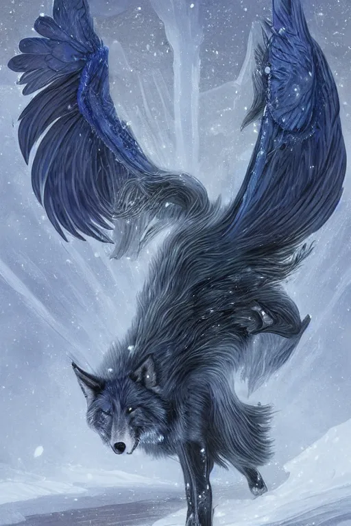 Prompt: blue wolf with wings, facing front, regal, elegant, winter, snow, moonlit, hd, illustration, epic, d & d, fantasy, intricate, elegant, highly detailed, digital painting, artstation, concept art, smooth, sharp focus, illustration, wallpaper, art by artgerm and greg rutkowski and alphonse mucha and jin xiaodi